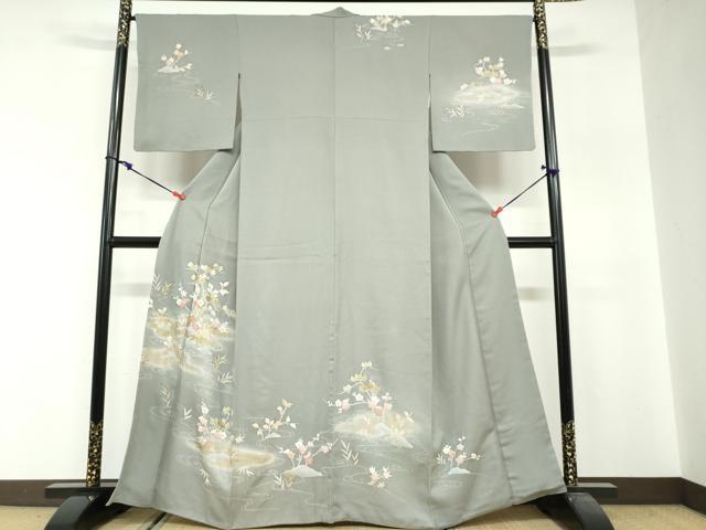 平和屋着物●中国三大刺繍　相良刺繍　訪問着　流水草花文　暈し染め　金彩　大丸扱い　正絹　逸品　DABG2515ud