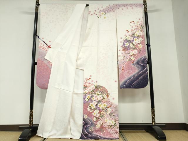 平和屋着物●豪華振袖　扇面吉祥舞桜文　暈し染め　金彩　銀通し地　正絹　逸品　DABG2536ud