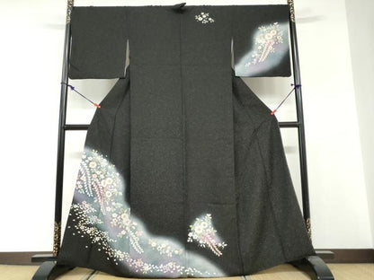 平和屋着物●訪問着　絞り　辻が花　暈し染め　黒地　金彩　金通し地　正絹　逸品　DABG2547ud