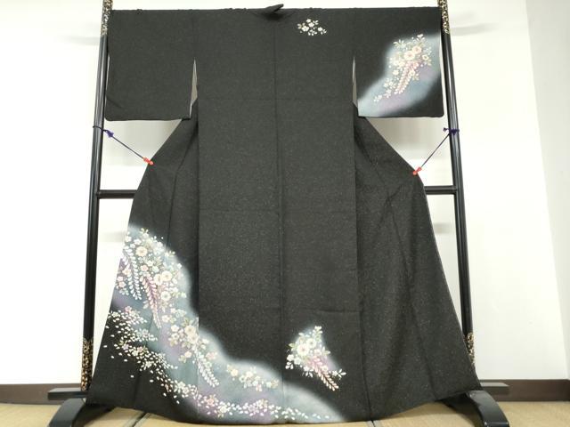 平和屋着物●訪問着　絞り　辻が花　暈し染め　黒地　金彩　金通し地　正絹　逸品　DABG2547ud