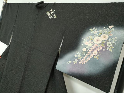 平和屋着物●訪問着　絞り　辻が花　暈し染め　黒地　金彩　金通し地　正絹　逸品　DABG2547ud