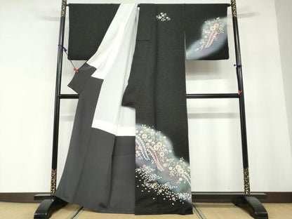 平和屋着物●訪問着　絞り　辻が花　暈し染め　黒地　金彩　金通し地　正絹　逸品　DABG2547ud