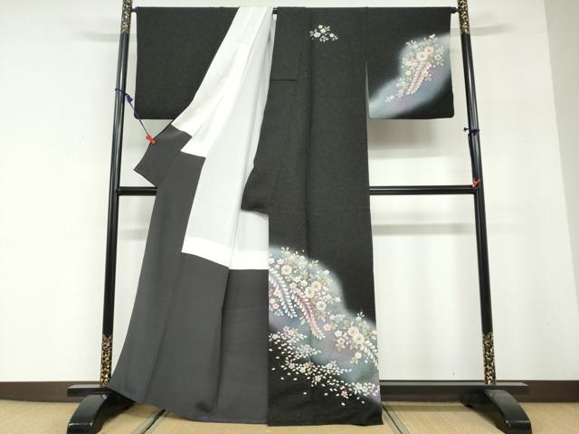 平和屋着物●訪問着　絞り　辻が花　暈し染め　黒地　金彩　金通し地　正絹　逸品　DABG2547ud