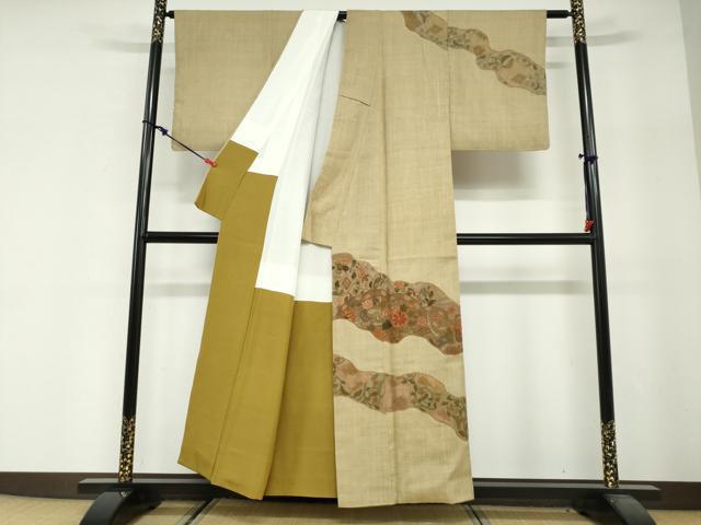 平和屋着物●中国三大刺繍　スワトウ刺繍　汕頭刺繍　総刺繍　訪問着　紬地　道長草花文　正絹　逸品　DABG2561ud