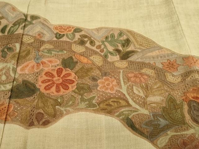 平和屋着物●中国三大刺繍　スワトウ刺繍　汕頭刺繍　総刺繍　訪問着　紬地　道長草花文　正絹　逸品　DABG2561ud