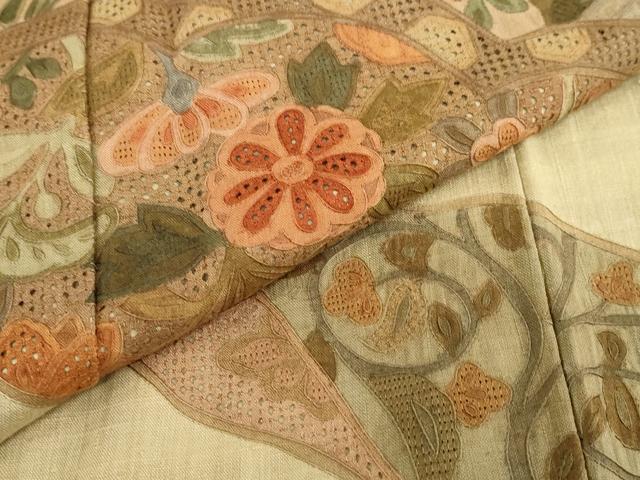 平和屋着物●中国三大刺繍　スワトウ刺繍　汕頭刺繍　総刺繍　訪問着　紬地　道長草花文　正絹　逸品　DABG2561ud