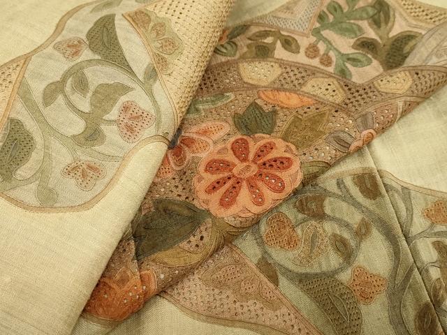 平和屋着物●中国三大刺繍　スワトウ刺繍　汕頭刺繍　総刺繍　訪問着　紬地　道長草花文　正絹　逸品　DABG2561ud