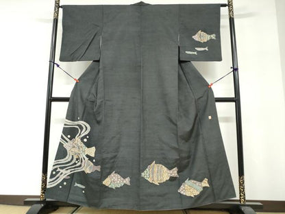 平和屋着物●訪問着　作家物　紬地　魚　鈴乃屋扱い　正絹　逸品　DABG2567ud