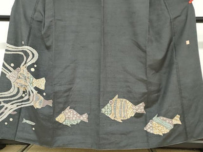 平和屋着物●訪問着　作家物　紬地　魚　鈴乃屋扱い　正絹　逸品　DABG2567ud