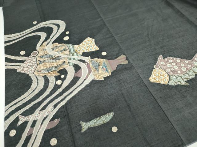 平和屋着物●訪問着　作家物　紬地　魚　鈴乃屋扱い　正絹　逸品　DABG2567ud