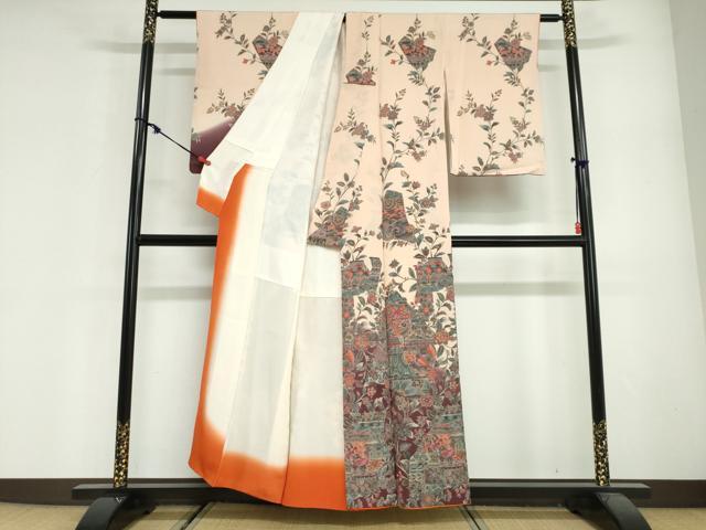 平和屋着物●訪問着　陶器花鳥文　暈し染め　鬼しぼ縮緬　正絹　逸品　DABG2603ud