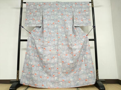 平和屋着物●小千谷紬　麻の葉市松花文　正絹　逸品　DABG2631ud