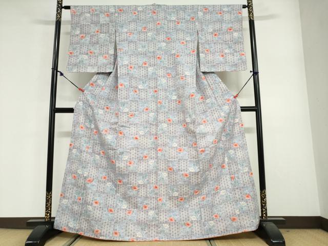 平和屋着物●小千谷紬　麻の葉市松花文　正絹　逸品　DABG2631ud