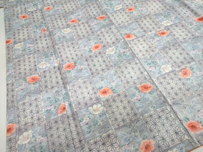 平和屋着物●小千谷紬　麻の葉市松花文　正絹　逸品　DABG2631ud