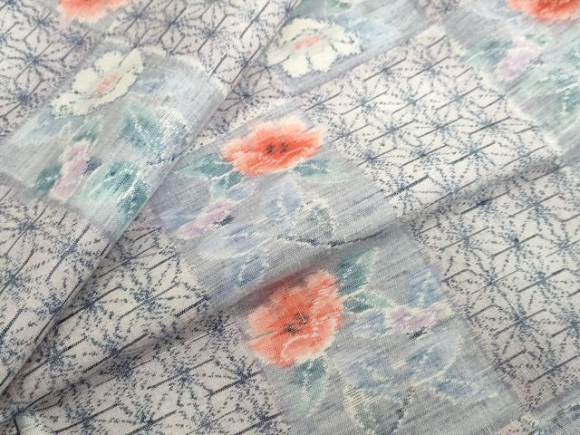 平和屋着物●小千谷紬　麻の葉市松花文　正絹　逸品　DABG2631ud