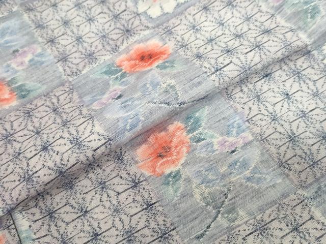 平和屋着物●小千谷紬　麻の葉市松花文　正絹　逸品　DABG2631ud