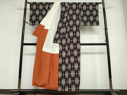 平和屋着物●本塩沢　変わり格子　正絹　逸品　DABG2633ud