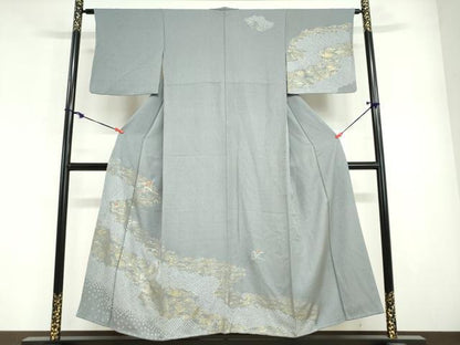 平和屋着物●訪問着　駒刺繍　道長鹿の子草花文　金彩　正絹　逸品　DABG2634ud