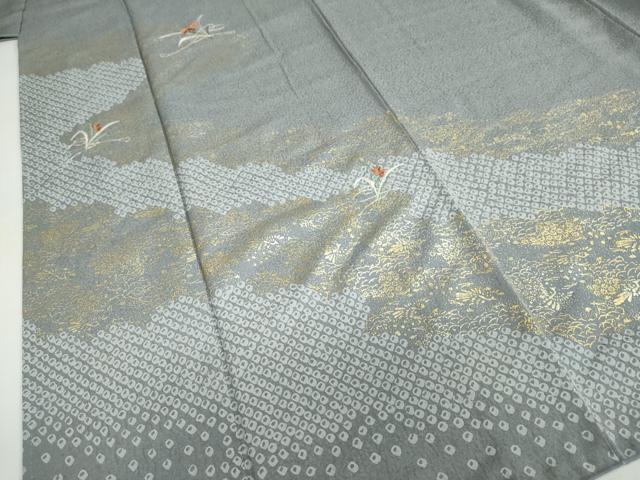平和屋着物●訪問着　駒刺繍　道長鹿の子草花文　金彩　正絹　逸品　DABG2634ud
