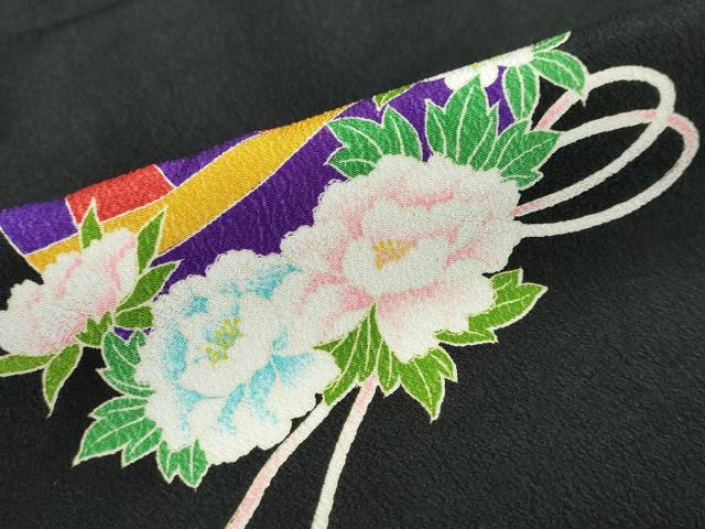 平和屋着物●小紋　手毬草花文　黒地　洗える着物　DABG2646ud
