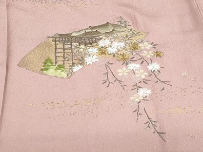 平和屋着物●訪問着　寿光織　地紙風景草花文　金糸　健勝苑扱い　正絹　逸品　DABG2648ud