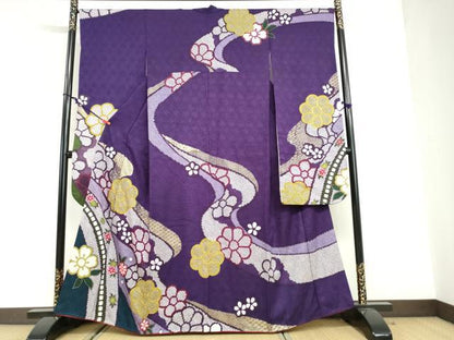 平和屋着物●豪華振袖　駒刺繍　総絞り　流水舞花文　金彩　正絹　逸品　DABG2651ud