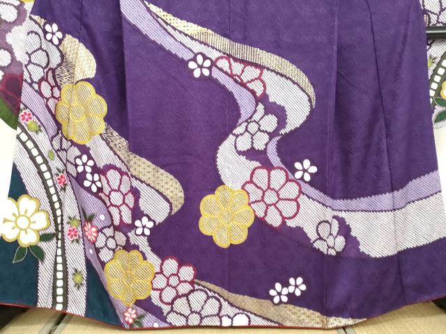 平和屋着物●豪華振袖　駒刺繍　総絞り　流水舞花文　金彩　正絹　逸品　DABG2651ud