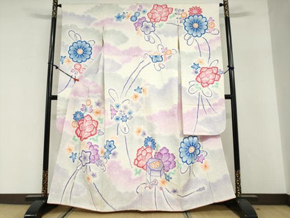 平和屋着物●名門　藤娘きぬたや・総絞り　振袖　貝桶草花文　暈し染め　正絹　逸品　DABG2657ud