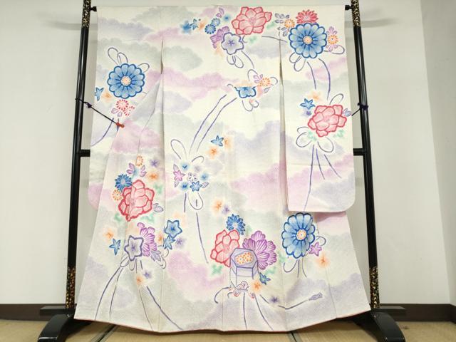 平和屋着物●名門　藤娘きぬたや・総絞り　振袖　貝桶草花文　暈し染め　正絹　逸品　DABG2657ud