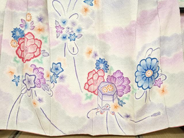 平和屋着物●名門　藤娘きぬたや・総絞り　振袖　貝桶草花文　暈し染め　正絹　逸品　DABG2657ud