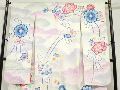 平和屋着物●名門　藤娘きぬたや・総絞り　振袖　貝桶草花文　暈し染め　正絹　逸品　DABG2657ud