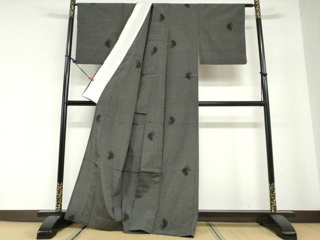 平和屋着物▽本塩沢　単衣　亀甲花文　黒地　正絹　逸品　DABG2697ud