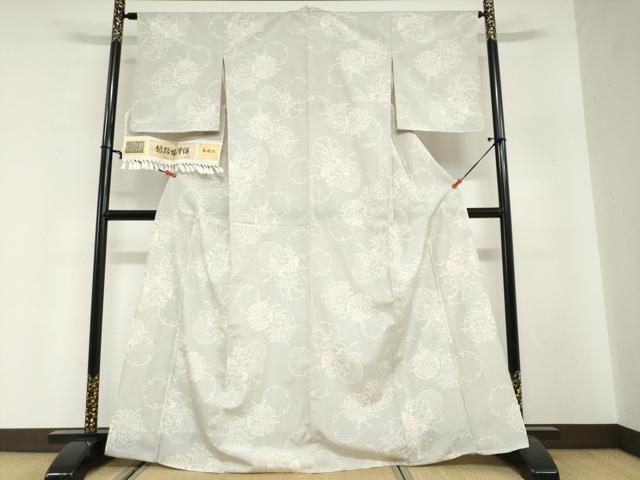 平和屋着物▽本塩沢　単衣　110亀甲　越路塩澤絣　雪輪草花文　証紙付き　正絹　逸品　DABG2702ud