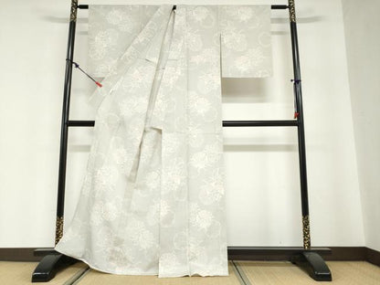 平和屋着物▽本塩沢　単衣　110亀甲　越路塩澤絣　雪輪草花文　証紙付き　正絹　逸品　DABG2702ud