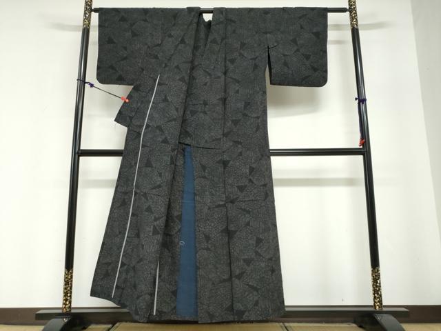 平和屋着物▽結城紬　単衣　草花文　証紙付き　正絹　逸品　DABG2708ud