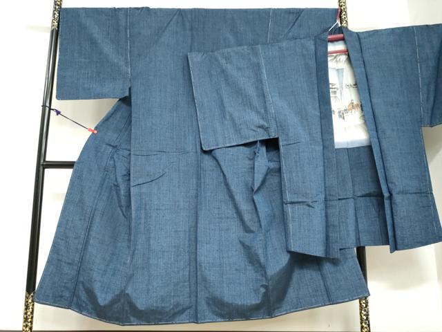 平和屋着物●男性　単衣　紬　アンサンブル　長羽織　濃藍色　正絹　逸品　未使用　DABG2737ud