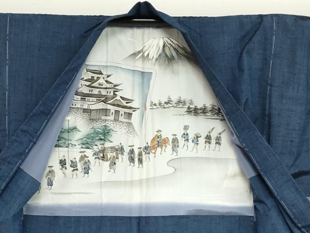 平和屋着物●男性　単衣　紬　アンサンブル　長羽織　濃藍色　正絹　逸品　未使用　DABG2737ud