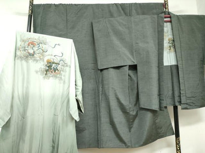 平和屋着物●男性　紬　アンサンブル　長襦袢（無双仕立て）セット　羽裏：風神雷神　藍媚茶色　キングサイズ　正絹　逸品　DABG2740ud