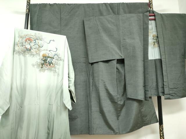 平和屋着物●男性　紬　アンサンブル　長襦袢（無双仕立て）セット　羽裏：風神雷神　藍媚茶色　キングサイズ　正絹　逸品　DABG2740ud