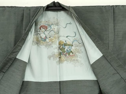 平和屋着物●男性　紬　アンサンブル　長襦袢（無双仕立て）セット　羽裏：風神雷神　藍媚茶色　キングサイズ　正絹　逸品　DABG2740ud