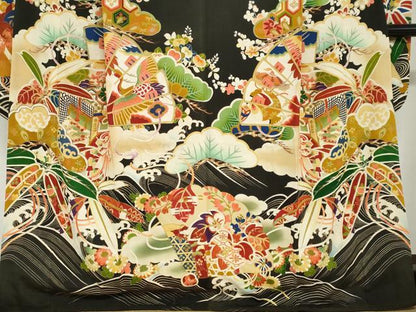 平和屋本店●アンティーク　大正ロマン　振袖　駒刺繍　扇面御所車飛鶴草花文　黒地　正絹　逸品　DABG2752ud