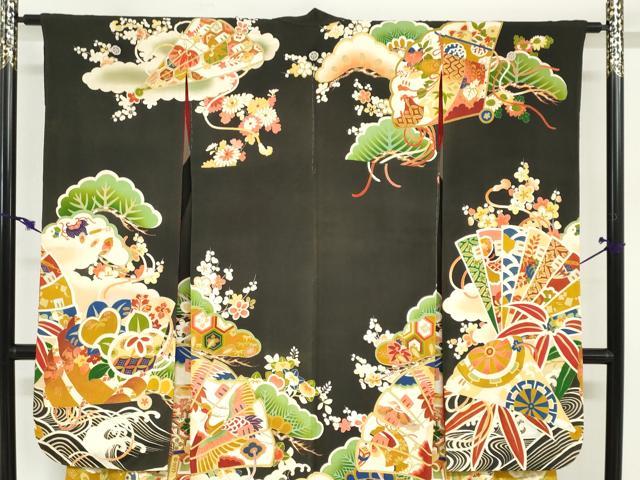 平和屋本店●アンティーク　大正ロマン　振袖　駒刺繍　扇面御所車飛鶴草花文　黒地　正絹　逸品　DABG2752ud