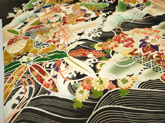 平和屋本店●アンティーク　大正ロマン　振袖　駒刺繍　扇面御所車飛鶴草花文　黒地　正絹　逸品　DABG2752ud