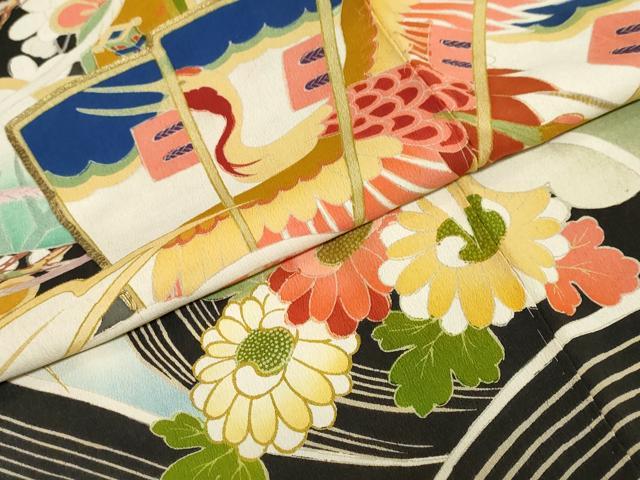平和屋本店●アンティーク　大正ロマン　振袖　駒刺繍　扇面御所車飛鶴草花文　黒地　正絹　逸品　DABG2752ud