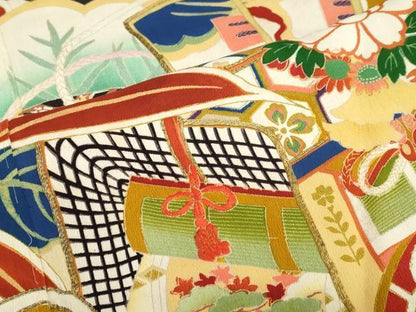 平和屋本店●アンティーク　大正ロマン　振袖　駒刺繍　扇面御所車飛鶴草花文　黒地　正絹　逸品　DABG2752ud