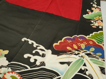 平和屋本店●アンティーク　大正ロマン　振袖　駒刺繍　扇面御所車飛鶴草花文　黒地　正絹　逸品　DABG2752ud