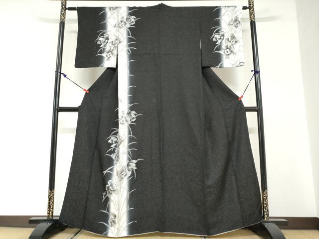 平和屋着物●訪問着　草花文　暈し染め　黒地　銀彩　銀通し地　正絹　逸品　DABG2754ud
