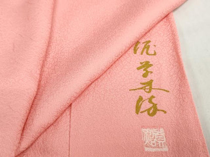 平和屋着物●上質な色無地　作家物　泥草木染　干割れ地紋　桃色　正絹　逸品　DABG2774ud