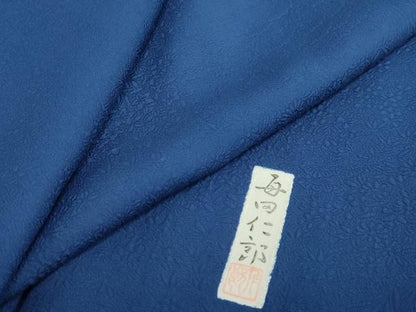 平和屋着物●本加賀友禅作家　毎田仁郎　色無地　草花地紋　濃藍色　正絹　逸品　DABG2776ud