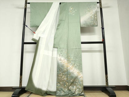 平和屋着物●訪問着　流水草花文　暈し染め　金銀彩　正絹　逸品　未使用　DABG2782ud